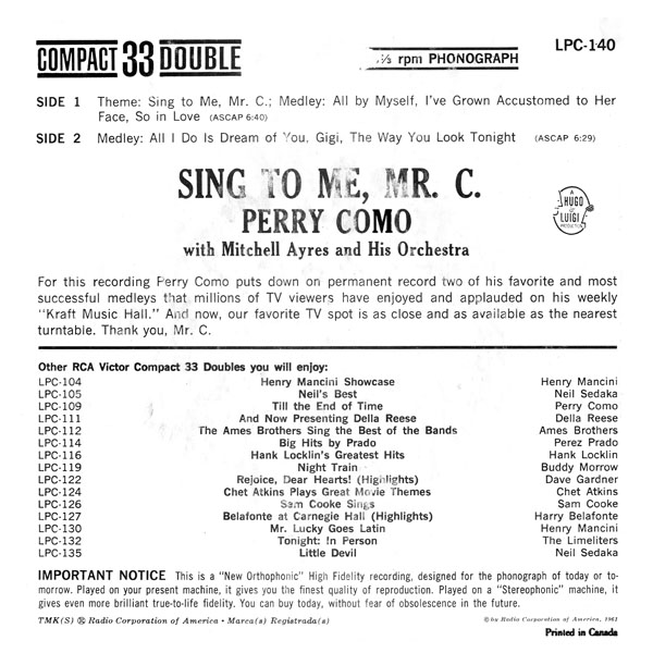 Perry Como ~ Sing to Me Mr. C.